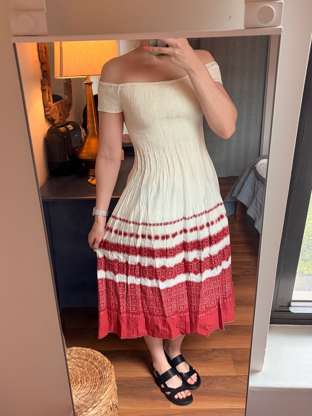 Max Studio White Red Embroidered Smocked Midi Dress M